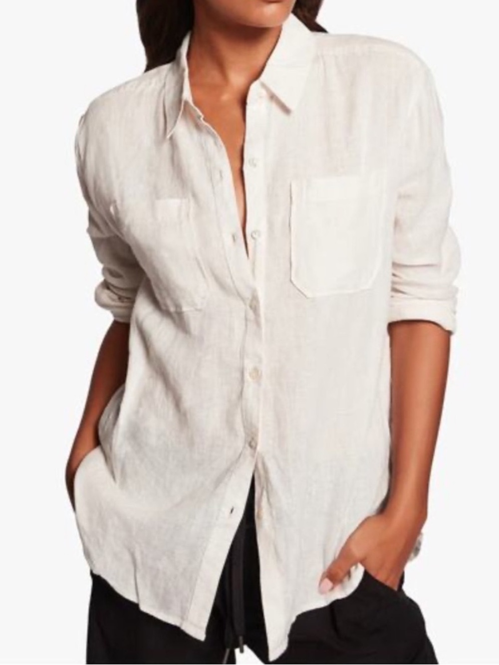 James Perse Creamy White Linen Oversized Button Up Shirt Two Chest Pockets 2